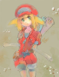 Rule 34 | 1girl, bike shorts, blonde hair, breasts, cabbie hat, commentary request, dinef, gloves, green eyes, hat, jacket, long hair, looking at viewer, mega man (series), mega man legends (series), mega man legends 3, pouch, red jacket, roll caskett (mega man), smile, solo