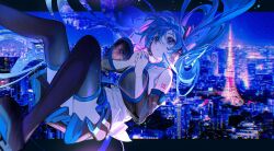 Rule 34 | 1girl, absurdly long hair, black border, black skirt, black sleeves, blue eyes, blue hair, blue nails, border, building, city, collared shirt, detached sleeves, eiffel tower, falling, floating hair, hair between eyes, hair ornament, hatsune miku, headphones, headset, highres, lace, lace-trimmed shirt, lace trim, light, long hair, looking up, nail polish, night, night sky, open mouth, outdoors, outside border, own hands together, paris, pleated skirt, rumoon, shirt, sidelocks, skirt, sky, solo, tattoo, twintails, very long hair, vocaloid, white shirt