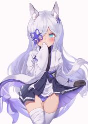 Rule 34 | 1girl, absurdres, animal ear fluff, animal ears, azur lane, black gloves, blue eyes, blue skirt, blush, clothes lift, covering own mouth, cowboy shot, fox ears, fox girl, gloves, hair over one eye, hand over own mouth, highres, japanese clothes, kasumi (azur lane), kimono, long hair, long sleeves, looking at viewer, panties, pleated skirt, sakura rino, simple background, skirt, skirt lift, solo, striped clothes, striped panties, thighhighs, underwear, white background, white hair, white kimono, white thighhighs