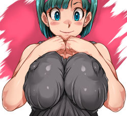 Rule 34 | 1girl, :&gt;, blue eyes, blush, breasts squeezed together, breast suppress, breasts, bulma, closed mouth, covered erect nipples, dragon ball, dragonball z, earrings, female focus, green hair, grey tank top, hairband, hands on own chest, hands up, jewelry, large breasts, looking at viewer, medium hair, red hairband, sakuradou, simple background, smile, solo, stud earrings, tank top, two-tone background, upper body