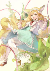 Rule 34 | 1girl, absurdres, animal ears, arknights, blonde hair, blue hairband, blue skirt, brown footwear, cardigan, chinese commentary, colored tips, commentary, cross-laced clothes, cross-laced skirt, cross-laced slit, flower, fox ears, fox girl, fox tail, frilled hairband, frills, full body, green eyes, hairband, highres, karenncat, kitsune, kyuubi, lily of the valley, long hair, long sleeves, mary janes, multicolored hair, multiple tails, name connection, neck ribbon, object namesake, official alternate costume, open mouth, pantyhose, red ribbon, ribbon, shirt, shoes, skirt, solo, suzuran (arknights), suzuran (spring praise) (arknights), tail, two-tone hair, white cardigan, white hair, white pantyhose, white shirt