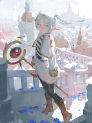 Rule 34 | 1girl, absurdres, belt, bird, black belt, black pantyhose, blue flower, boots, brown footwear, capelet, city, cityscape, commentary, darr1o, day, dome, dress, elf, flat chest, flower, frieren, full body, gold trim, highres, holding, holding staff, looking at viewer, looking to the side, outdoors, pantyhose, parted lips, petals, pointy ears, railing, shirt, solo, sousou no frieren, staff, stairs, standing, striped clothes, striped shirt, white capelet, white dress
