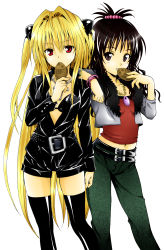 Rule 34 | 2girls, absurdres, belt, black bra, black hair, black legwear, blonde hair, blush, bra, bracelet, breasts, brown eyes, brown hair, buttons, camisole, casual, colorized, comic, cropped jacket, cross, cross necklace, denim, detexted, eating, fish, flat chest, food, fur trim, goth fashion, hair between eyes, hair bobbles, hair intakes, hair ornament, high collar, highres, holding, jacket, jeans, jewelry, konjiki no yami, leather, lingerie, long hair, long sleeves, looking at viewer, midriff, multiple belts, multiple girls, navel, necklace, non-web source, official art, open clothes, open jacket, open shirt, pants, pendant, red eyes, scan, shiny clothes, shirt, short shorts, shorts, sidelocks, simple background, small breasts, standing, studded belt, taiyaki, thighhighs, third-party edit, to love-ru, topknot, two side up, underwear, very long hair, vinyl, wagashi, wavy hair, white background, yabuki kentarou, yuuki mikan, zettai ryouiki