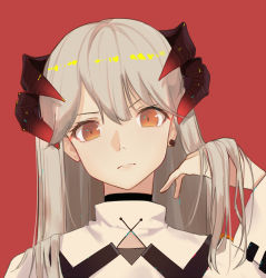Rule 34 | 1girl, arknights, black choker, brown eyes, choker, closed mouth, commentary request, curled horns, earrings, eyebrows hidden by hair, grey hair, hair between eyes, hand in own hair, hand up, highres, horns, itachi kanade, jacket, jewelry, long hair, long sleeves, looking at viewer, red background, saria (arknights), simple background, solo, stud earrings, upper body, white jacket, wide sleeves
