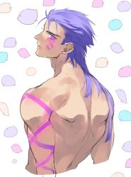Rule 34 | 1boy, back, blue hair, bodypaint, chick print, cu chulainn (fate), cu chulainn (fate) (all), cu chulainn (fate/stay night), cu chulainn alter (fate), cu chulainn alter (fate/grand order), dark persona, expressionless, facepaint, fate/grand order, fate (series), from behind, iz izhara, lancer, long hair, looking back, male focus, muscular, pink eyes, solo, spiked hair, topless male, type-moon