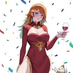 Rule 34 | 1girl, blush, breasts, cleavage, cleavage cutout, clothing cutout, confetti, cup, dress, earrings, gem, glass, gold trim, gradient hair, green eyes, hat, high collar, highres, holding, holding cup, hololive, hololive english, jewelry, kfp employee (takanashi kiara), large breasts, long dress, long hair, long sleeves, looking at viewer, multicolored hair, orange hair, party hat, pink eyes, red dress, seventeencrows, sidelocks, solo, takanashi kiara, twitter username, virtual youtuber