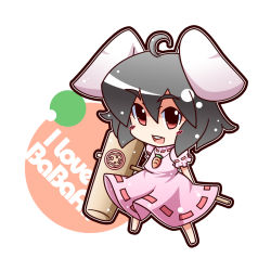 Rule 34 | 1girl, ahoge, animal ears, black hair, blush, buck teeth, carrot, carrot necklace, chibi, dress, female focus, inaba tewi, jewelry, kine, mallet, necklace, open mouth, pendant, rabbit ears, short hair, simple background, smile, solo, teeth, touhou, white background, yukiduki