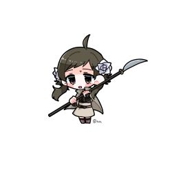 1girl ahoge brown_eyes brown_hair collared_cloak fire_emblem fire_emblem_fates flower hair_flower hair_ornament highres holding holding_polearm holding_weapon looking_at_viewer mozu_(fire_emblem) naginata nintendo open_mouth polearm weapon wrist_guards y_unisef