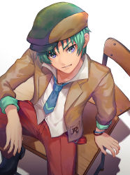 Rule 34 | 1boy, belt, beret, boots, coat, commentary request, desk, fingerless gloves, from above, gloves, green hair, grey eyes, hat, highres, looking up, male focus, necktie, pants, penguu (green528), shoes, sitting, smile, solo, spada belforma, tales of (series), tales of innocence