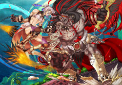 Rule 34 | 1boy, 1girl, angry, armor, armored boots, berserker rage, black hair, black sclera, boots, breastplate, breasts, chain, claw (weapon), clenched hand, clenched teeth, colored sclera, detached collar, elbow gloves, fate/grand order, fate (series), fighting, fingerless gloves, flail, flying, fur, gloves, glowing, glowing eyes, greaves, heracles (fate), highres, long hair, looking at another, muscular, muscular female, muscular male, open mouth, outdoors, palm tree, penthesilea (fate), ponytail, sharp teeth, topless male, short hair, sidelocks, signature, sloth g ya, spikes, studded bracelet, teeth, thighhighs, tree, underboob, weapon, white hair