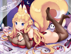 Rule 34 | 1girl, animal ear fluff, animal ears, ass, blonde hair, blue eyes, blush, braid, breasts, bridal gauntlets, brown thighhighs, china dress, chinese clothes, cleavage, cleavage cutout, clothing cutout, commentary request, crescent moon, double bun, dress, fox ears, fox girl, fox tail, full body, hair bun, indoors, large breasts, lips, long hair, looking at viewer, lying, makeup, miyano ururu, moon, night, no shoes, on stomach, original, short eyebrows, smile, solo, tail, thighhighs, very long hair