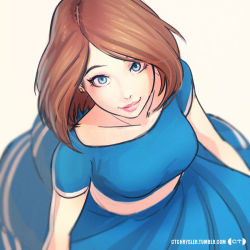 Rule 34 | 1girl, bad deviantart id, bad id, blue dress, blue eyes, brown hair, caleb thomas, collarbone, dress, from above, lips, lipstick, looking at viewer, looking up, makeup, short hair, smile, solo
