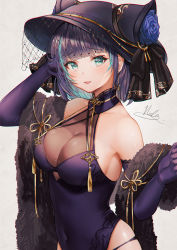 Rule 34 | 1girl, aqua eyes, aqua hair, azur lane, bare shoulders, breasts, cheshire (azur lane), cheshire (cait sith crooner) (azur lane), china dress, chinese clothes, cleavage, cleavage cutout, clothing cutout, covered navel, dress, elbow gloves, feather boa, flower, gloves, hand in own hair, hat, hat flower, highres, long hair, looking at viewer, medium breasts, medium hair, nicccolee, official alternate costume, panties, purple dress, purple eyes, purple flower, purple gloves, purple headwear, see-through, see-through cleavage, signature, simple background, string panties, underwear, white background
