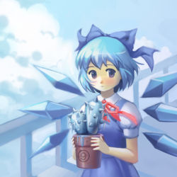 Rule 34 | circled 9, 1girl, blue hair, cactus, cirno, day, frozen, hair ribbon, ice, md5 mismatch, okha, plant, potted plant, ribbon, sky, solo, touhou, wings