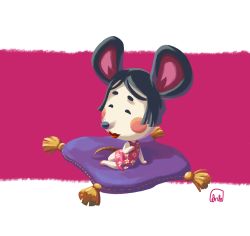 Rule 34 | 1girl, animal crossing, animal ears, arm support, artist name, black hair, blush stickers, closed eyes, closed mouth, cushion, dranka, dress, female focus, flat chest, floral print, full body, greta (animal crossing), hand up, happy, lipstick, makeup, mouse ears, mouse girl, mouse tail, nintendo, parted bangs, pink background, pink dress, red lips, short hair, signature, simple background, sitting, sleeveless, sleeveless dress, smile, solo, tail, two-tone background, yokozuwari