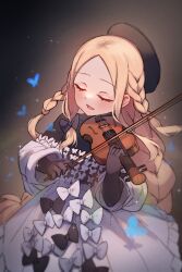 Rule 34 | 1girl, abigail williams (event portrait) (fate), abigail williams (fate), black hat, black shirt, blonde hair, blush, bodystocking, bow, bow (music), braid, braided ponytail, breasts, bug, butterfly, closed eyes, dress, dress bow, fate/grand order, fate (series), forehead, grey dress, hat, highres, holding, holding instrument, holding violin, insect, instrument, long hair, long sleeves, miya (miyaruta), music, off shoulder, open mouth, parted bangs, playing instrument, shirt, sidelocks, small breasts, smile, solo, very long hair, violin