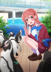 Rule 34 | 1girl, :d, absurdres, bird, blurry, blurry background, blurry foreground, blush, bow, braid, brown footwear, brown hair, clapping, collar, eyebrows hidden by hair, hair behind ear, hair between eyes, highres, humboldt penguin, kanojo okarishimasu, long sleeves, looking at viewer, official art, open mouth, penguin, red eyes, red skirt, sakurasawa sumi, side braid, skirt, smile, socks, solo, stuffed animal, stuffed dolphin, stuffed toy, thick eyebrows, white collar