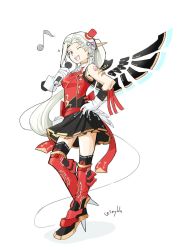Rule 34 | 1girl, alternate costume, artist name, ascot, boots, braid, breasts, crest, edelgard von hresvelg, fire emblem, fire emblem: three houses, gloves, grey hair, hair ribbon, hand on own hip, hat, high heel boots, high heels, idol, long hair, looking at viewer, medium breasts, microphone, mini hat, mini top hat, musical note, nintendo, one eye closed, open mouth, parted bangs, pleated skirt, ponytail, purple eyes, resolution mismatch, ribbon, saiykik, shadow, shirt, signature, simple background, skirt, sleeveless, sleeveless shirt, smile, solo, source larger, sparkle, standing, standing on one leg, tattoo, top hat, white background, white gloves, wings