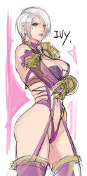 Rule 34 | 1girl, bare shoulders, blue eyes, breasts, claws, cleavage, closed mouth, cowboy shot, crossed arms, from side, highres, isabella valentine, large breasts, looking at viewer, looking to the side, purple thighhighs, revealing clothes, short hair, silver hair, sketch, solo, soul calibur, tetsu (kimuchi), thighhighs