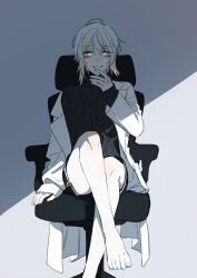 Rule 34 | 1girl, absurdres, bare legs, black shorts, black sweater, blonde hair, blue eyes, chair, chel (ttt lc), coat, faust (project moon), highres, lab coat, limbus company, long sleeves, looking at viewer, multicolored hair, office chair, parted lips, project moon, ribbed sweater, shorts, solo, streaked hair, sweater, swivel chair, turtleneck, turtleneck sweater, white coat, white hair