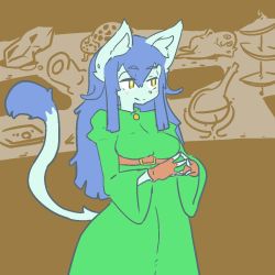 Rule 34 | 1girl, breasts, cat, dress, female focus, flat color, furry, furry female, long hair, open mouth, purple hair, simple background, solo, the amboina, yellow eyes