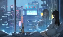 Rule 34 | 1girl, artistic error, ashtray, ass, back, bad reflection, balcony, bathrobe, black hair, blush, brown eyes, catzz, champagne bottle, champagne flute, cigarette, city, cup, drinking glass, highres, indoors, long hair, original, pillow, rain, reflection, sitting, solo, tray