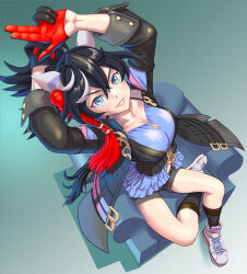 Rule 34 | 1girl, animal ears, arm up, black gloves, black hair, black jacket, black socks, blue eyes, breasts, cleavage, closed mouth, commentary request, ear covers, fukami (trash sp), full body, gloves, gradient background, grin, hair ornament, hands on own hips, horse ears, horse girl, horse tail, jacket, katsuragi ace (umamusume), legs apart, long hair, long sleeves, medium breasts, medium hair, ponytail, shoes, simple background, smile, sneakers, socks, solo, standing, tail, umamusume, white footwear