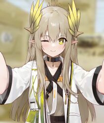 Rule 34 | ;), arknights, black choker, black skirt, blurry, blurry background, blush, brown eyes, brown hair, brown shirt, choker, closed mouth, collarbone, commentary request, day, depth of field, hair between eyes, jacket, long hair, long sleeves, long wuxian, looking at viewer, muelsyse (arknights), one eye closed, open clothes, open jacket, outdoors, pointy ears, shirt, skirt, smile, very long hair, white jacket
