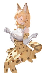 Rule 34 | 1girl, absurdres, animal ears, bare shoulders, blonde hair, blush, breasts, cat ears, cat girl, cat tail, closed mouth, elbow gloves, extra ears, feet out of frame, gloves, hands up, high-waist skirt, highres, invisible chair, kemono friends, large breasts, looking at viewer, orange eyes, print skirt, print thighhighs, rosehip t72, serval (kemono friends), shirt, short hair, simple background, sitting, skirt, sleeveless, sleeveless shirt, smile, solo, tail, thighhighs, w arms, white background, white gloves, white shirt, yellow background, yellow skirt, yellow thighhighs