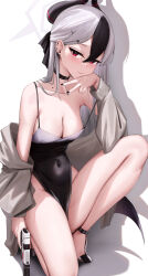 Rule 34 | 1girl, bare shoulders, black choker, black hair, black horns, black ribbon, black wings, blue archive, breasts, choker, cleavage, closed mouth, collarbone, commentary, covered navel, grey hair, grey halo, gun, hair ribbon, halo, handgun, highres, holding, holding gun, holding weapon, horns, kayoko (blue archive), kayoko (dress) (blue archive), kneeling, looking back, medium breasts, mole, mole on neck, multicolored hair, off shoulder, official alternate costume, red eyes, ribbon, simple background, single wing, skai kun, solo, thighs, two-tone hair, weapon, white background, wings