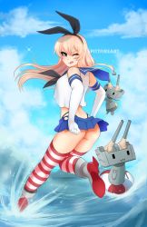 Rule 34 | 10s, 1girl, amanda evelyn earl, black eyes, blonde hair, cloud, day, elbow gloves, full body, gloves, highres, kantai collection, lifebuoy, long hair, miniskirt, ocean, rensouhou-chan, shimakaze (kancolle), skirt, sky, smile, striped clothes, striped thighhighs, swim ring, thighhighs, water, watermark, waves