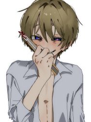 Rule 34 | 1boy, and illust, blood, blue eyes, boxcutter, brown hair, collared shirt, grin, hair between eyes, highres, holding, long sleeves, looking at viewer, male focus, open clothes, open shirt, original, shirt, simple background, smile, solo, upper body, white background, white shirt
