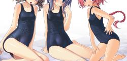 Rule 34 | 3girls, blue eyes, blue hair, blush, braid, brown hair, covered navel, gradient background, head out of frame, highres, long hair, md5 mismatch, multiple girls, old school swimsuit, one-piece swimsuit, open mouth, pink hair, resolution mismatch, sakuya tsuitachi, school swimsuit, shiny clothes, short hair, smile, source smaller, sukumizu tabehoudai, swimsuit