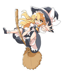 Rule 34 | 1girl, blonde hair, bloomers, bow, broom, broom riding, hat, hat bow, kirisame marisa, long hair, open hand, open mouth, ririfu, sash, solo, touhou, underwear, white background, witch hat, yellow eyes