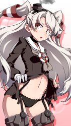 Rule 34 | 1girl, 547th sy, amatsukaze (kancolle), black dress, black panties, brown eyes, clothes lift, commentary request, dress, dress lift, garter straps, gloves, grey neckerchief, hair tubes, hat, highres, kantai collection, lifebuoy ornament, long hair, looking at viewer, mini hat, neckerchief, open clothes, panties, sailor collar, sailor dress, short dress, side-tie panties, silver hair, single glove, smoke, smokestack hair ornament, solo, thighhighs, two side up, underwear, white background, white gloves, white sailor collar