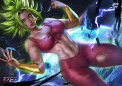 Rule 34 | 1girl, abs, absurdres, artist name, aura, bare shoulders, biceps, blue eyes, bracelet, bracer, breasts, cleavage, clenched hand, collar, cowboy shot, crop top, dragon ball, dragon ball super, dutch angle, earrings, earth (planet), electricity, energy, glowing, glowing hair, green hair, highres, jewelry, kefla (dragon ball), logan cure, looking at viewer, medium breasts, muscular, muscular female, navel, outdoors, pants, parted lips, planet, potara earrings, realistic, red lips, rock, skin tight, solo, space, spiked hair, standing, star (sky), stomach, super saiyan, sweat, tight clothes, tight pants, toned, toned female, torn clothes, torn pants