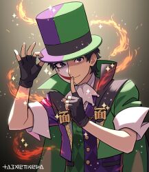 Rule 34 | 1boy, ace attorney, adjusting clothes, adjusting headwear, ascot, black eyes, black gloves, black hair, closed mouth, dress shirt, fingerless gloves, fire, gloves, grey background, hat, highres, jacket, looking at viewer, magician, male focus, manov mistree, mask, mr. reus, multicolored clothes, multicolored jacket, numae kaeru, phoenix wright: ace attorney - spirit of justice, shirt, short hair, smile, solo, sparkle, top hat, two-tone hat, two-tone jacket, two-tone vest, white ascot, white shirt