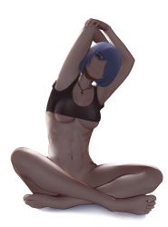 Rule 34 | 1girl, absurdres, bad id, bad twitter id, blue hair, bottomless, breasts, cross, cross necklace, crossed legs, grey eyes, hair over one eye, highres, jewelry, looking at viewer, medium breasts, navel, necklace, no panties, no pants, original, simple background, smile, stretching, tank top, thighs, toes, white background, yoga, zaki (zaki btw)