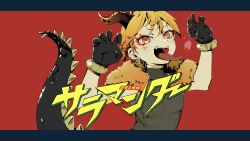 Rule 34 | 1boy, absurdres, black gloves, blonde hair, claw pose, gloves, highres, horns, kagamine len, lizard tail, looking at viewer, open mouth, red background, salamander (vocaloid), short hair, solo, song name, syiga, tail, tongue, tongue out, vocaloid