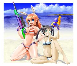 Rule 34 | 2girls, absurdres, american flag bikini, animal ears, bikini, black hair, blue eyes, blush, breasts, cat ears, cat girl, charlotte e. yeager, cleavage, collarbone, flag print, full body, green eyes, grin, hand on own hip, highres, large breasts, long hair, looking at viewer, multiple girls, ocean, open mouth, orange hair, outdoors, rabbit ears, rabbit girl, red liquid (artist), sky, small breasts, smile, strike witches, swimsuit, twintails, water gun, white bikini, world witches series