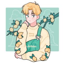 Rule 34 | 1boy, artist name, blonde hair, border, branch, cloud, draw this in your style challenge, emily kim, food, food print, fruit, fruit print, green background, green eyes, green overalls, leaf, lemon, lemon print, limited palette, male focus, original, overalls, round eyewear, sparkle, sweater, white-framed eyewear, white border, yellow sweater