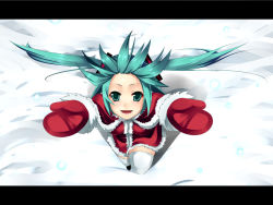 Rule 34 | aoinagi, aqua eyes, aqua hair, capelet, christmas, from above, hatsune miku, letterboxed, long hair, mittens, red mittens, santa costume, snow, thighhighs, twintails, vocaloid, zettai ryouiki