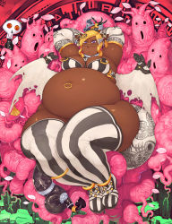 Rule 34 | 1girl, bad proportions, belly, blonde hair, boots, breasts, dark-skinned female, dark skin, demon girl, fat, female focus, glasses, h hiroma, highres, jewelry, large breasts, lying, navel piercing, on back, piercing, purple eyes, solo, striped clothes, striped thighhighs, tail, thick thighs, thigh boots, thighhighs, thighs, wings