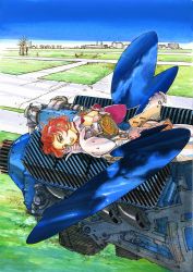 Rule 34 | 1girl, back cutout, clothing cutout, grass, hair behind ear, highres, lying, machine, mechanical wings, official art, parted lips, pilot suit, red eyes, red hair, short hair, sky, smile, solo, wings, yonemura kouichirou, yousei tanteisha