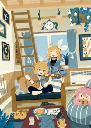 Rule 34 | 1boy, 1girl, air conditioner, barefoot, black cat, black pants, black tank top, blonde hair, blue eyes, blue jacket, brother and sister, cat, chair, clock, closed eyes, commentary, cup, drawing (object), food, glass, grey shorts, guitar, hair ornament, hairband, hairclip, hanging flower, highres, holding, holding guitar, holding instrument, indian style, indoors, instrument, jacket, kagamine len, kagamine rin, light bulb, megurine luka, messy hair, mug, music, open clothes, open jacket, open mouth, pants, phone, picture frame, plate, playing instrument, projecttiger, sandwich, shirt, shorts, siblings, sitting, stairs, standing, stuffed toy, symbol-only commentary, table, tank top, vocaloid, wall clock, white hairband, white shirt, window, window shadow