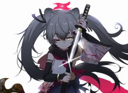 Rule 34 | 1girl, animal ears, blue archive, breasts, commentary request, detached sleeves, drawing sword, grey hair, halo, holding, holding sword, holding weapon, katana, korean commentary, levvlica, looking at viewer, michiru (blue archive), one eye closed, scarf, school uniform, sheath, simple background, small breasts, solo, sword, twintails, weapon, white background, yellow eyes