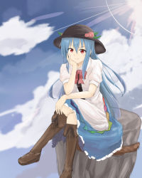 Rule 34 | 1girl, :3, blue hair, blush, boots, cloud, day, food, fruit, hand on own chin, hat, head rest, hinanawi tenshi, keystone, knee boots, crossed legs, light smile, long hair, nise (  nise6  ), peach, red eyes, sitting, solo, touhou