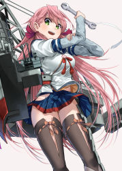 Rule 34 | 1girl, akashi (kancolle), black thighhighs, blue shirt, blue skirt, blush, feet out of frame, green eyes, grey background, hair between eyes, highres, hip vent, holding, holding wrench, kantai collection, layered sleeves, long hair, long sleeves, machinery, open mouth, pink hair, pleated skirt, rigging, school uniform, serafuku, shirt, short over long sleeves, short sleeves, simple background, skirt, solo, thighhighs, turret, wrench, zombie mogura