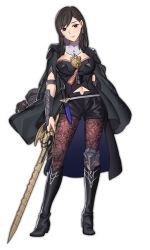 Rule 34 | 1girl, absurdres, armor, black shorts, brown eyes, brown hair, brown pantyhose, byleth (female) (fire emblem), byleth (female) (fire emblem) (cosplay), byleth (fire emblem), clothing cutout, cosplay, dagger, ebinku, final fantasy, final fantasy vii, fire emblem, fire emblem: three houses, full body, highres, holding, holding sword, holding weapon, knife, lace, lace-trimmed legwear, lace trim, long hair, navel, navel cutout, nintendo, pantyhose, pantyhose under shorts, parted lips, sheath, sheathed, shorts, simple background, solo, sword, tifa lockhart, weapon, white background
