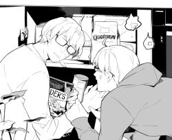 Rule 34 | 2boys, a woman with a child in a pantry, ahoge, america (hetalia), axis powers hetalia, bag, can, canada (hetalia), commentary request, fingernails, glasses, greyscale, holding, holding another&#039;s wrist, holding bag, hood, hood down, hoodie, long sleeves, looking at another, male focus, monochrome, multiple boys, nineo, open mouth, shirt, short hair, sigh, snack, upper body